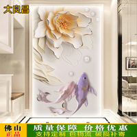 中式瓷砖背景墙玄关 室内过道走廊背景墙浮雕壁画 3D立体花卉富贵