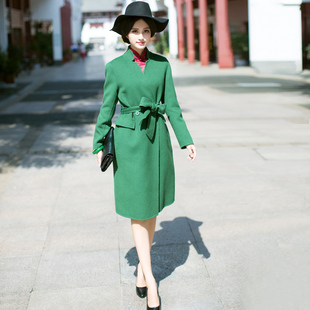 华族经典2015新品女士秋冬季系带旗袍搭配风衣中长款双面毛呢外套