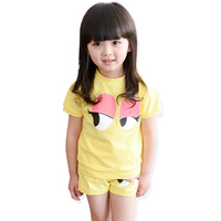 女童纯棉透气套装2015韩版新款中小儿童卡通大眼睛短袖短裤两件套
