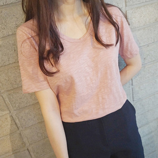 美与乐趣竹节棉短袖女T恤纯色简约宽松体恤衫夏季韩国潮装打底装