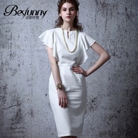 Besfunny2016年原创新款欧美复古白色荷叶袖连衣裙修身礼服裙女