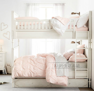 法式实木白色做旧上下铺美式简约雕花子母床可拆分上下床儿童床
