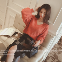 冬季新款韩版纯色V领针织衫短款宽松蝙蝠衫外套头灯笼袖毛衣女装