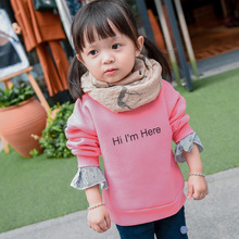 女童韩版加绒加厚卫衣2016新款女童纯色字母印花拼接袖抓绒卫衣邦
