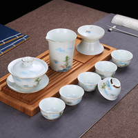 陶瓷茶具套装家用玉白整套简约水墨礼盒茶道盖碗茶杯纯手绘泡茶器