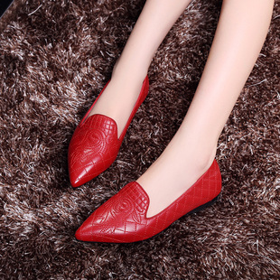 正品牌真皮鞋包头女鞋黑色红色瓢鞋尖头浅口平底平跟矮跟低跟单鞋