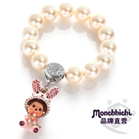 Monchhichi萌趣趣正品蒙奇奇饰品奶白水晶珍珠串珠手链BRA009-C40