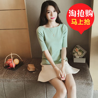 秋装新款韩版圆领纯色针织衫短袖T恤女五分袖修身简约百搭上衣女