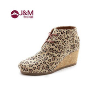 JM快乐玛丽专柜正品2016秋冬新款潮豹纹系带坡跟帆布鞋女鞋89053W
