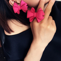 韩国新款时尚潮流夸张彩色大号蝴蝶结手工皮质耳钉装饰戒食指戒指