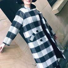 2016冬季新款韩版女装黑白格子毛呢外套中长款修身显瘦羊毛呢大衣