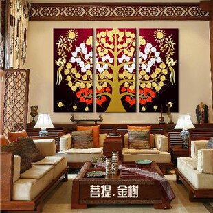 泰式东南亚纯手绘油画菩提树客餐厅卧室酒店会所三联装饰有框挂画