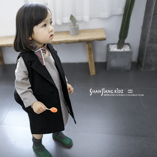 美妞之城 女童长款马甲外套 2017春季韩国童装 好看的设计感马甲