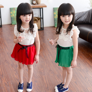 女童短袖套装2015韩版中小儿童雪纺蕾丝花边背心百褶小裙两件套潮