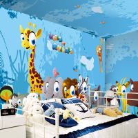 蓝色卡通儿童房墙纸卧室3d立体背景墙壁纸无缝定制大型壁画男女孩
