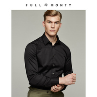FULL MONTY经典黑丝光棉衬衫男长袖商务修身型小方领衬衣纯色正装