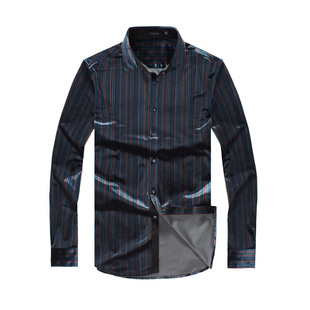 YLK2015新款秋季蓝色条纹中年男士长袖衬衫父亲装方领休闲衬衣