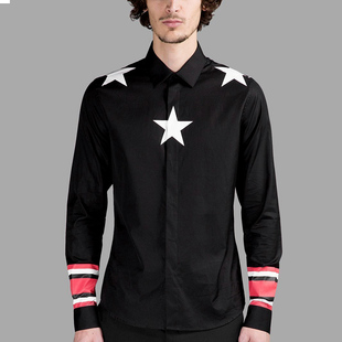 2015新款 胸口肩膀大星星图案印花 袖子条纹 男士衬衫