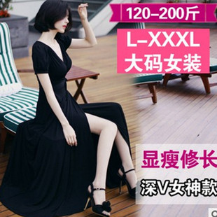韩版女装新款黑色礼服胖妹妹特大码深V领开叉连衣裙200斤显瘦长裙