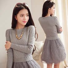 2016秋装韩版收腰显瘦蕾丝拼接针织毛衣假两件套连衣裙