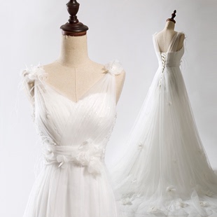 新娘简约双肩花朵小拖尾婚纱礼服2015新款冬定制蕾丝显瘦大码婚纱