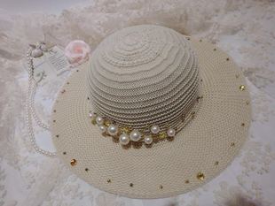 韩国代购圆顶英伦钉珠珍珠帽遮阳帽防晒户外遮阳沙滩大沿草帽潮