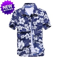 新夏季男士美式休闲沙滩印花短袖夏威夷衬衣宽松大码情侣男花衬衫
