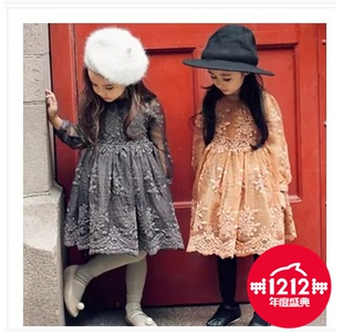 韩国童装女童秋冬装2015唯美蕾丝袖长袖儿童连衣裙加厚加绒公主裙