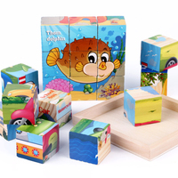 儿童木质9粒动物六面画幼儿园早教益智力宝宝卡通交通拼图3d积木