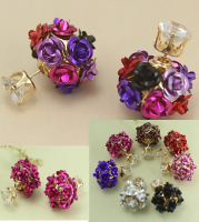 2015新款玫瑰花朵喷球双面锆石珍珠耳钉耳饰 新娘红色 潮品