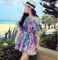2015夏威夷度假欧根纱渲染印花露肩喇叭袖收腰露肩女裙连衣裙正版