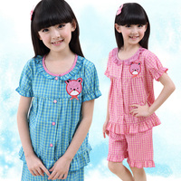 儿童睡衣女童纯棉可爱公主长袖套装女孩韩版格子亲子装女童家居服