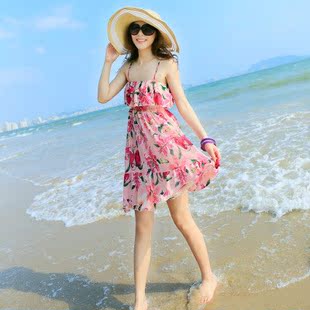2016夏季新款印花波西米亚碎花裙女装连衣裙吊带沙滩裙海边度假潮
