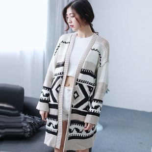 ThirdGirls2016秋冬新款韩国女式毛衣外套几何图案长款毛衣开衫