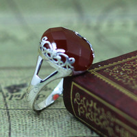 泰银S925纯银切面红玛瑙女士戒指雕花复古镂空戒子红宝石精美指环