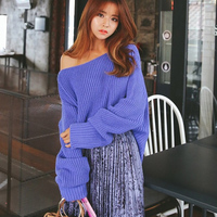 韩国代购 KUKUgirl潮流宽松性感一字领露肩长袖纯色浪漫针织衫