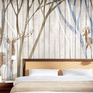 玉兰大型无缝壁画北欧风格墙纸壁纸客厅卧室电视背景壁纸麋鹿树林