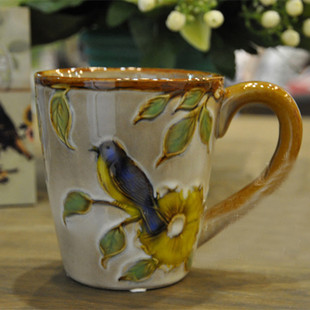 2016新品经典高温陶瓷彩色手绘田园小鸟图案水杯家用创意茶杯