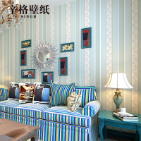 地中海墙纸 条纹复古无纺布壁纸鎏金客厅沙发墙纸电视背景墙蓝色
