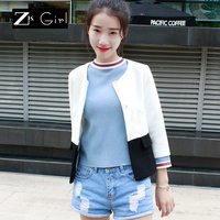ZK Girl2016春装新款单排扣短外套超短修身纯色上衣七分袖显瘦