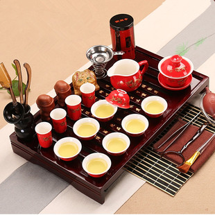 整套功夫茶具茶博士实木茶盘红黄金龙变色龙陶瓷茶具瓷器茶具套装