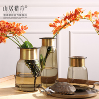 现代金属铜环茶色玻璃花瓶  欧式家居客厅创意插花透明水培玻璃瓶