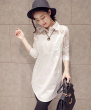 2016秋装新款韩版蕾丝拼接衬衣女中长款翻领宽松长袖白色打底衬衫
