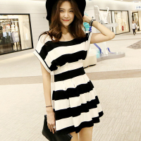 2015夏装新款韩版条纹圆领蝙蝠袖连衣裙女欧美时尚显瘦连衣裙潮流