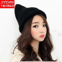 韩版潮流毛线帽子 女秋冬季尖尖帽糖果纯色锥形帽 时尚保暖套头帽