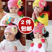 秋季新品针织儿童冬季宝宝女童两假发帽花朵帽子