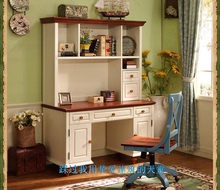 美式新款原木白色雕花书桌书架组合田园桌家用办公桌写字台家私