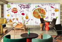 现代简约无缝壁画 卡通漫画披萨木纹墙纸 快餐西餐厅面包店铺壁纸