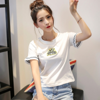 韩版夏装宽松学生简约短袖T恤女刺绣字母短袖高腰短款百搭上衣服
