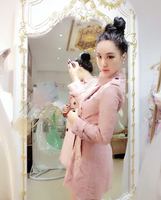 香港正品代购名媛气质爆款粉色蕾丝长款外套高腰系带蕾丝潮款外套